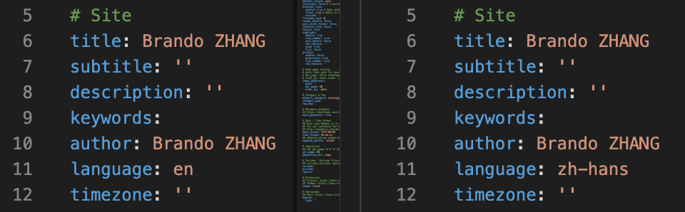 左侧是 blog 下的 _config.yml，右侧是 blog_zh-hans 下的 _config.yml