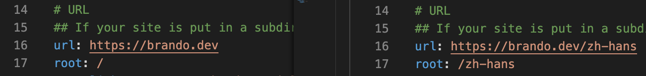 左侧是 blog 下的 _config.yml，右侧是 blog_zh-hans 下的 _config.yml